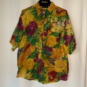 Vibrant Vintage Floral Button Down Silk Shirt by Retro